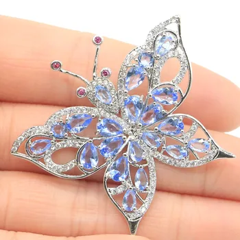 

48x40mm SheCorwn Created Butterfly Shape Rich Blue Violet Tanzanite White CZ Gift For Sister Silver Pendant