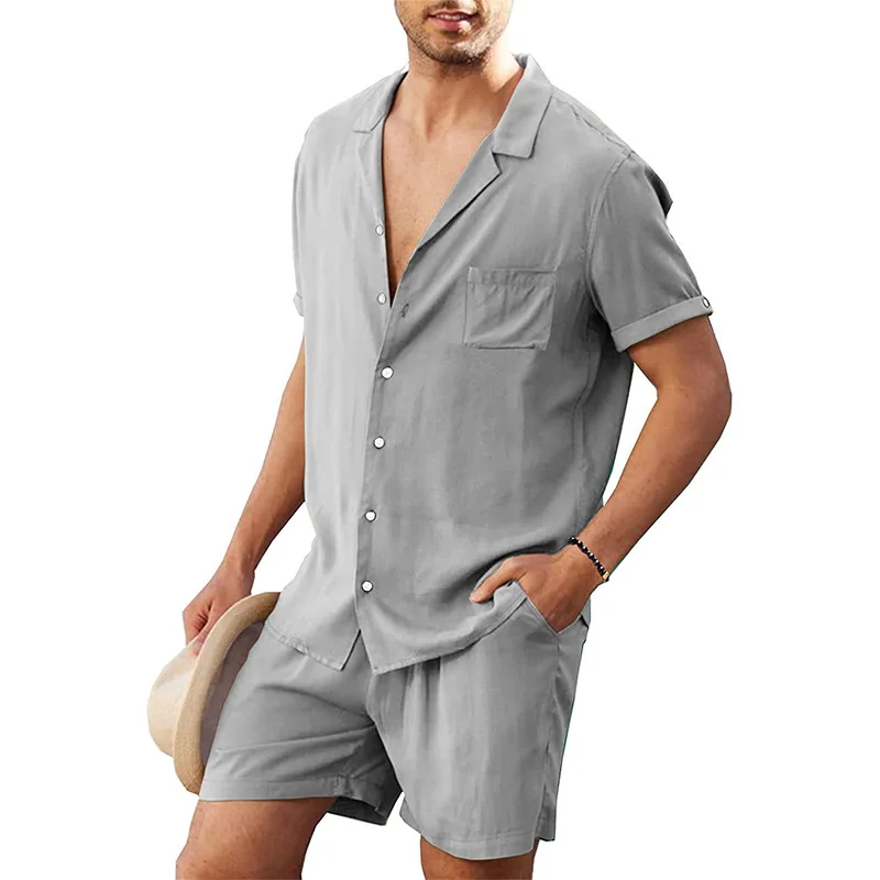 2022 New men's thin linen suit summer Chinese loose large cotton and linen 2 pieces / suit short sleeve trousers 2 pieces set