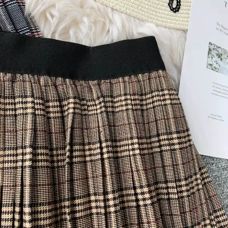 NiceMix Винтаж Harajuku клетчатая Высокая талия женские плиссированные юбки осенние длинные юбки эластичная талия линия лоскутное кружево Faldas Muje