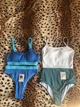 Riseado-Conjunto de Bikinis con aumento para mujer, bañador Sexy de cintura alta, traje de baño de retales, trajes de baño acanalados, ropa de playa para verano 2021