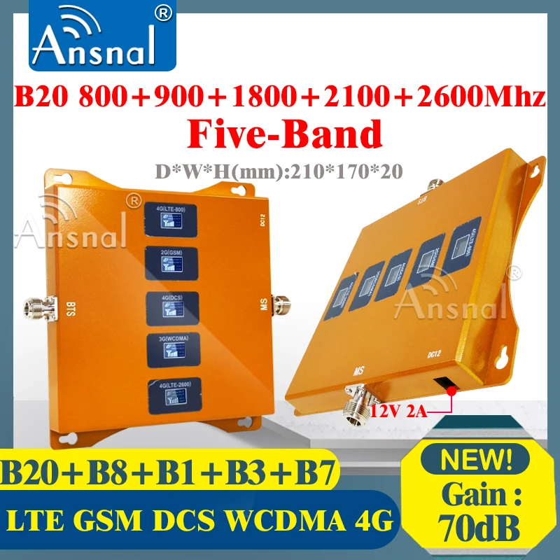 Amplificateur de Signal 5 Bandes B20 800 900 1800 2100 Mhz B7, Répéteur Cellulaire 101-2G 3G 4G, Booster de Signal Mobile, Permanence WCDMA