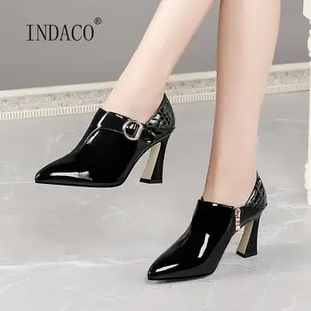 

Autumn Boots for Woman Leather Pointed Toe Ankle Boots Thick High Heel Blue Red Autumn Shoes 8cm