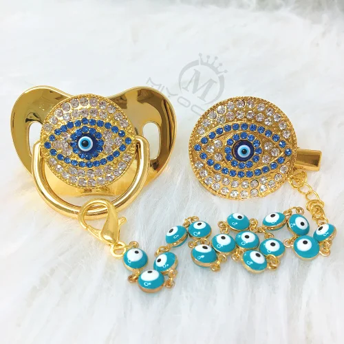 MIYOCAR Зеленый Bling evil eye пустышка и зажим набор пустышка держатель цепи bling Прекрасный evil eye пустышка AEYE-G - Цвет: AEYE-8-1-G   0-6M