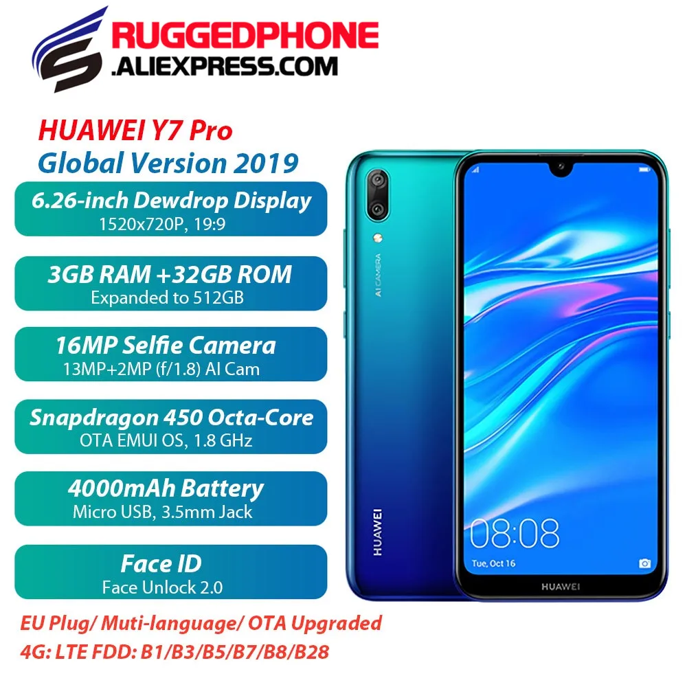 

HUAWEI Y7 Pro 2019 4G Smartphone 6.26'' Android Oreo Qualcomm Snapdragon 450 3GB RAM 32GB ROM 16.0MP 4000mAh Mobile Cellphones