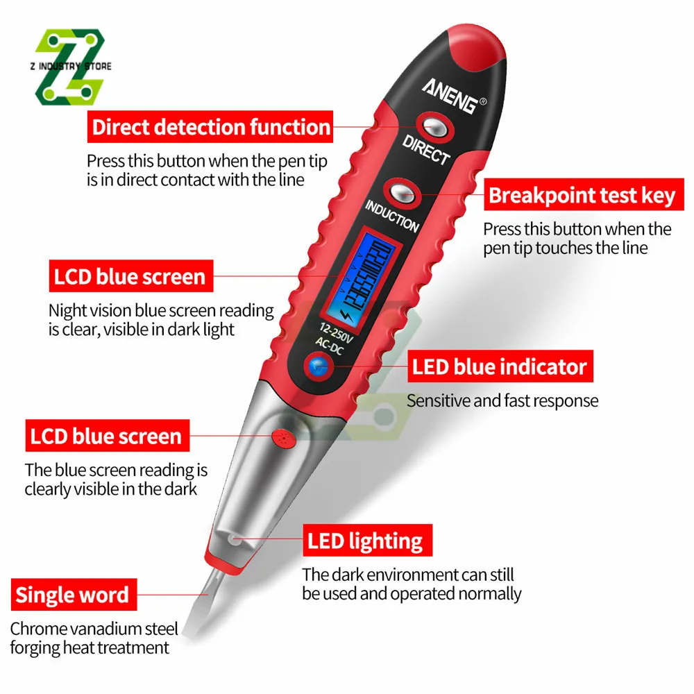 AC DC 12-250V LCD 디지털 디스플레이 전압 테스트 펜 전기 검전기 비접촉 안전 테스트 스크루 드라이버 펜