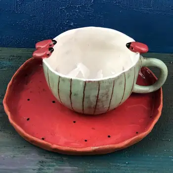 

Bird Figured Cup and saucer Espresso Turkish coffee creative mugs ceramic new red cute style cute ladybug handmade gift special