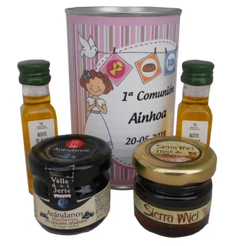 

6 pcs/personalized tin with oil Oliva extra virgin, marmalade and honey for details guest