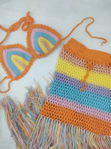 Sexy Knited 2 Pieces Women Crocheted Bikini Top And Lace Up Tassel Skirt Crocheted Casual Suit Set Beach Summer Clothings|Bikini Set|   - AliExpress