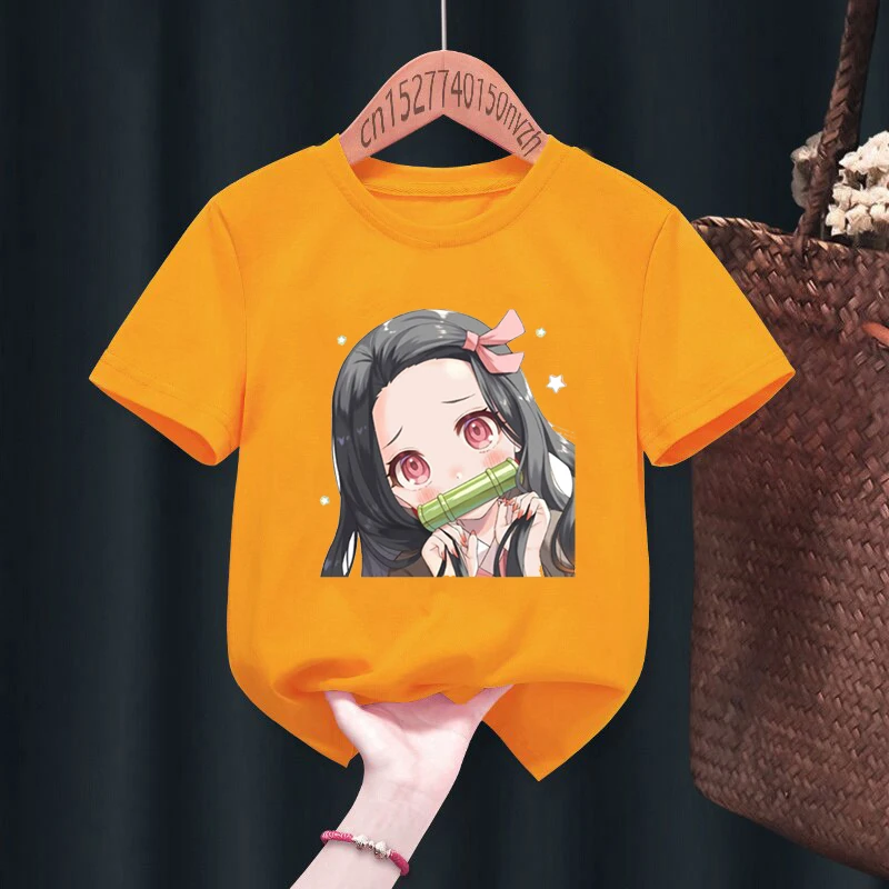 Camisetas con estampado de Nezuko Kamado Kimetsu no Yaiba para niños, ropa Kawaii Harajuku negra para bebés, Tops para niños y niñas, regalo, envío directo