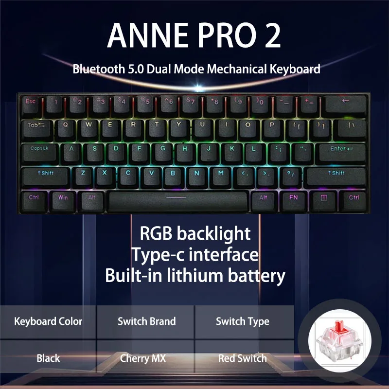 white computer keyboard Anne Pro 2 60% 61 Keys Portable Mini Wireless bluetooth 5.0 Mechanical Keyboard Office Gaming Keyboard Type-C Detachable Cable keyboard desktop Keyboards