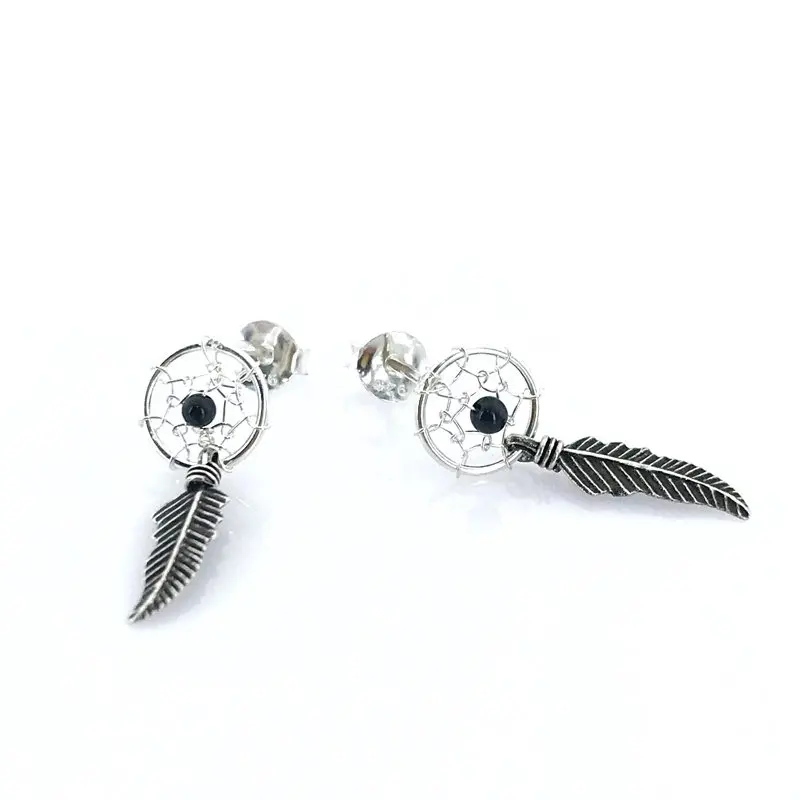 New Dream Catcher Feather Black Unisex Silver Ring Earrings
