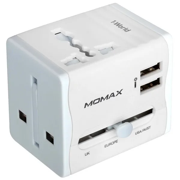 Универсальное зарядное устройство для путешествий Momax 1-World travel AC adaptor 2USB UA4(Белый