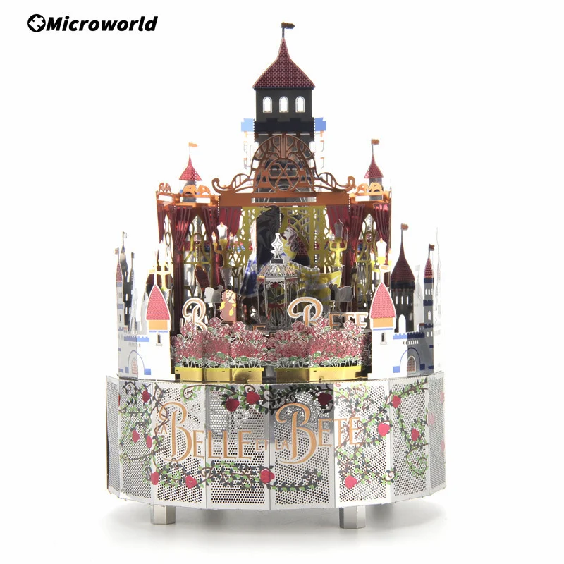 3D Metal Puzzle Games Beauty And The Beast Theme Rotating Music Box Models LED Lights Kits DIY Jigsaw Toys Gifts For Girls Adult