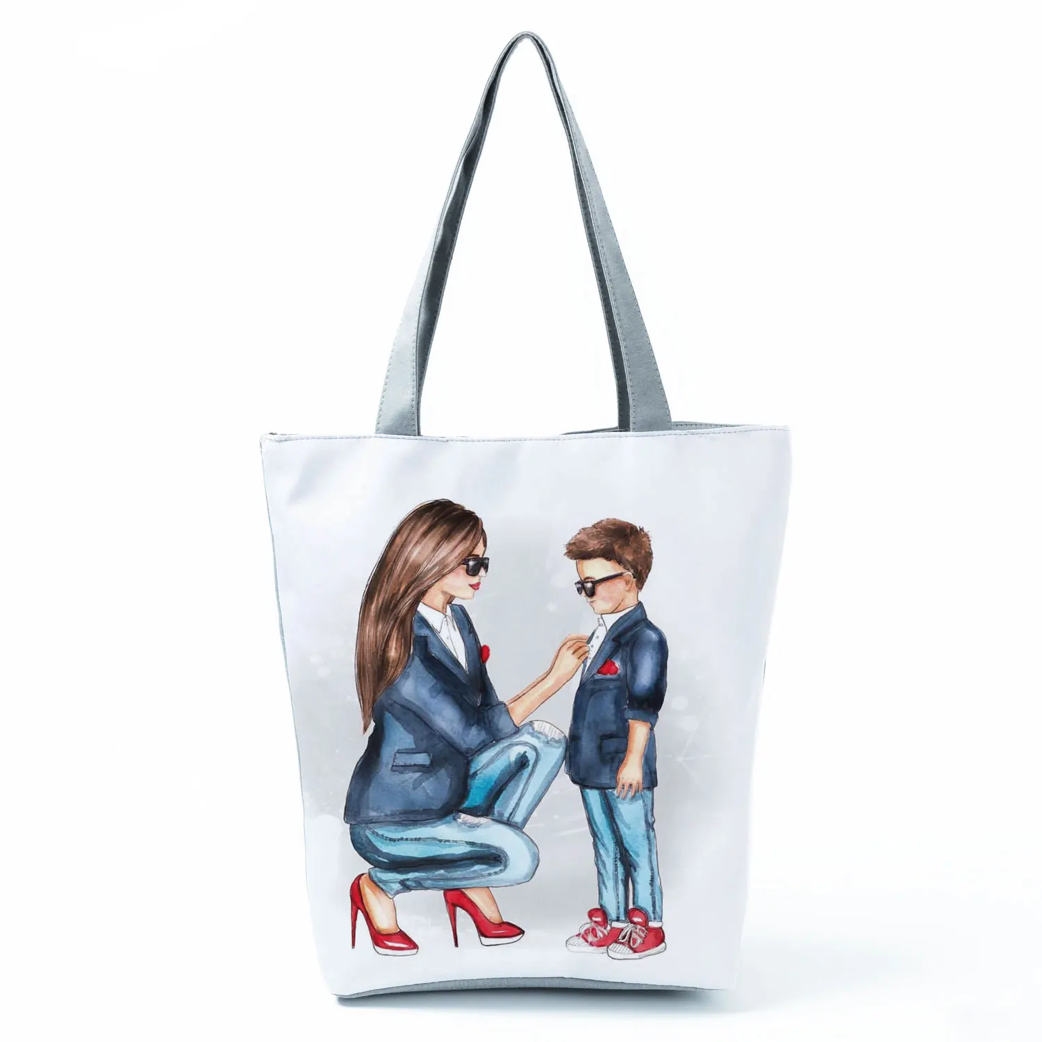 Cute Cartoon Super Mama Print Tote Bag Reusable Shoulder Bags Mom and Baby Folding Women Casual Handbags Portable Shopping Bag wristlet bag Totes