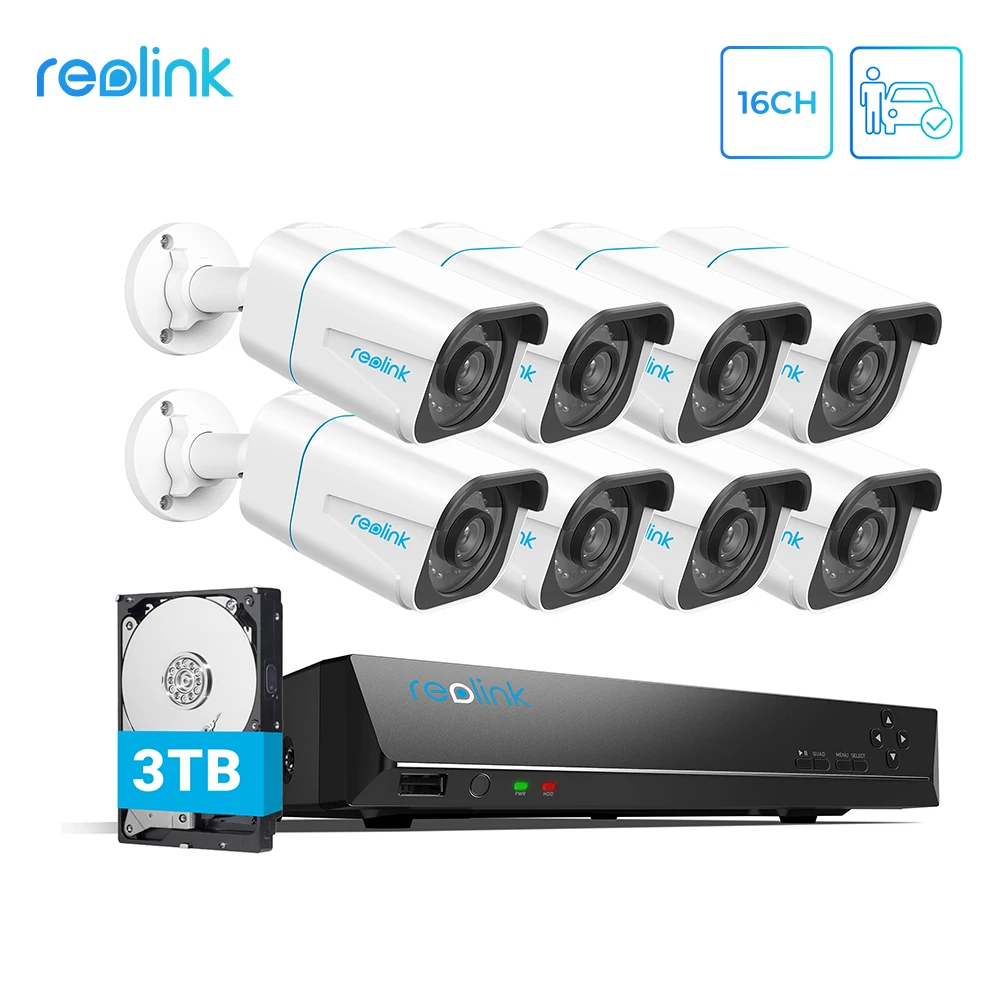 Reolink RLK16-810B8-A 4K NVR Kit PoE Human/Car Detection 24/7 Recording 3TB HDD 8MP Ultra HD Bullet Smart Home Security System