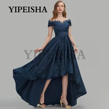 

Scoop Neck Short Sleeve Asymmetrical Evening Dresses Lace Appliques Sequined Prom Party Gown robes de soirée vestidos de fiesta