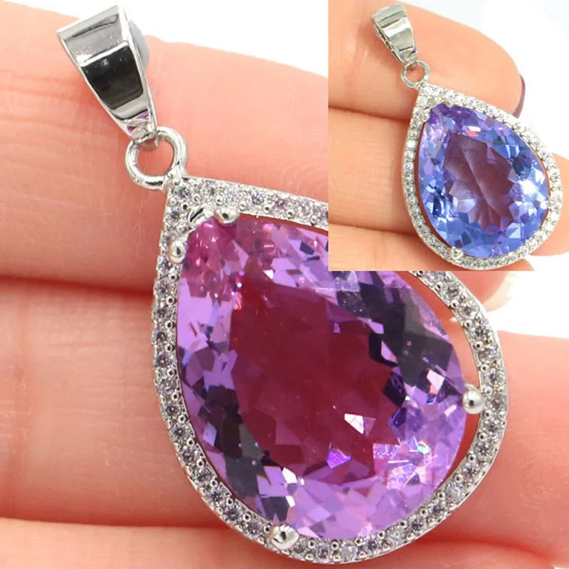 

35x19mm SheCrown Jewelry Set Water Drop 20x15mm Color Changing Alexandrite Topaz CZ For Ladies Silver Earrings Pendant