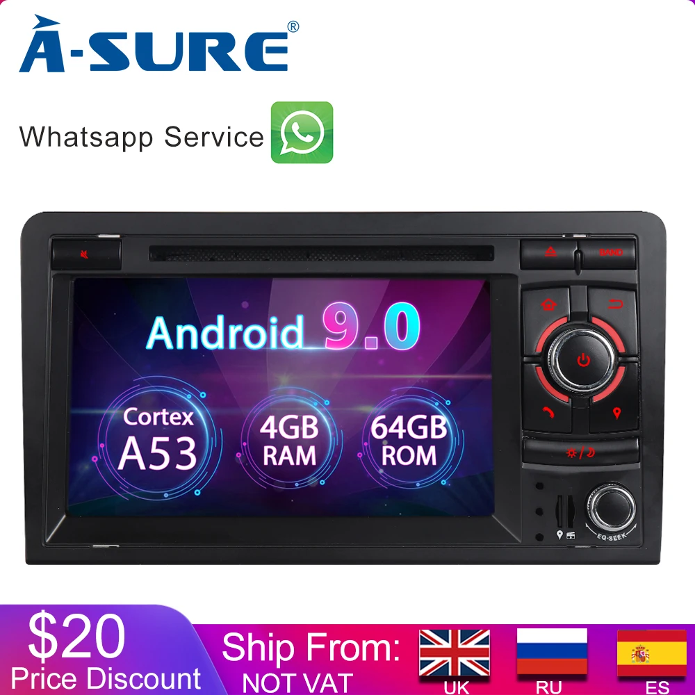 A-sure 7 дюймов 2 Din 8 ядерный Android 9,0 радио gps dvd-плеер навигация для Audi A4(2002-2007) S4 RS4 8E 8F B9 B7 SEAT EXEO RNS