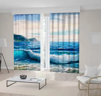 

Curtain Happy Sun and Sea Summer Holidays Fun Modern Artwork Printed Blue Yellow