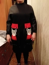 Black Dress Robe Fringes Long-Sleeve 3084 Midi Plus-Size Woman Winter Cute PU Cartoon