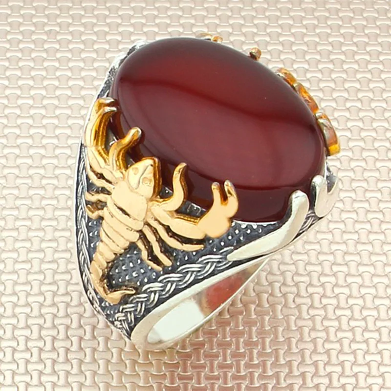 Real Pure Sterling Silver Ring 925 For Men Scorpion Natural Red Black Agate Stone Men's Gemstone Handmade Turkish Jewelry
