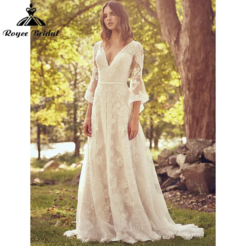 Boheme A Line Boho Wedding Dress Lace V Neck Lace Open Back Three Quarter Flare Sleeve Bridal Gown Customized robe de mariée 2