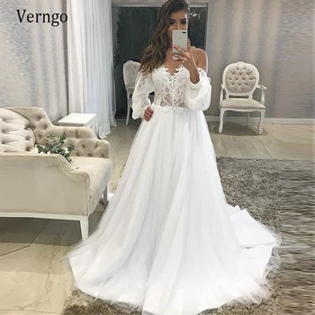 

Verngo Elegant Sweetheart Puff Sleeves A Line Wedding Dress For Bridal Vintage Lace Tulle Simple 2021 Bride Gowns Custom Made