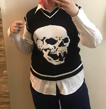 Rapcopter-suéteres Y2K para mujer, suéteres de calaveras con cuello de pico, blusas de punto azules informales holgadas, ropa de calle Retro para mujer, Tops de punto 2020