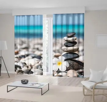 

Curtain Flower and Mini Pyramid with Stones horse Beach Nature Health Tranquility Theme Blue White Beige