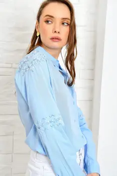 

Trend Alacati Style Women Blue Embroidery Embroidered BASIC Woven Shirt ALC-X3738