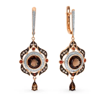 

Gold earrings with cognac diamonds, раухтопазами and Garnet sunlight sample 585