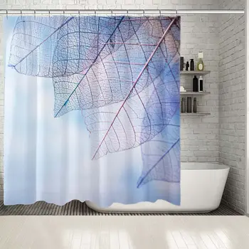 

Shower Curtain Skeleton Leaves on Blured Sky Background Closeup Delicate Natural Art Decorating Photo Printed Blue gray