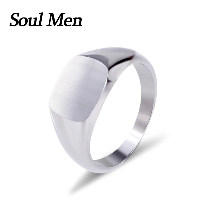Square Brushed Signet Titanium Steel Wedding Rings Engraved Name Date DIY for Men Women