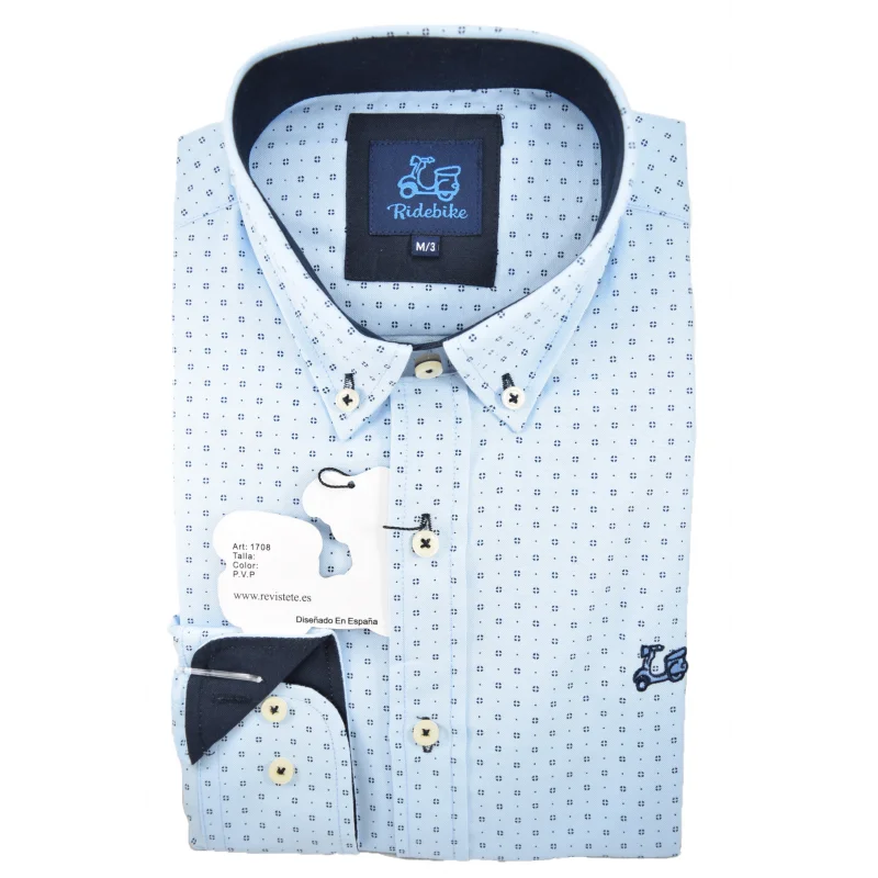 Ridebike hombre camisa azul con topitos logo La Vespa Bordado (1708) - AliExpress Ropa de hombre