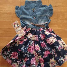 Vestido vaquero Floral para niñas, ropa informal de manga corta con cinturón para fiesta de verano