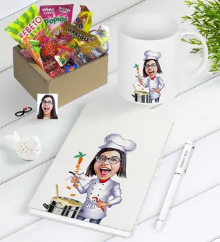 

Personalized Women 'S Chef Caricature Of Nostalgic Lezzetler Notebook Pen Mug Gift Seti-1