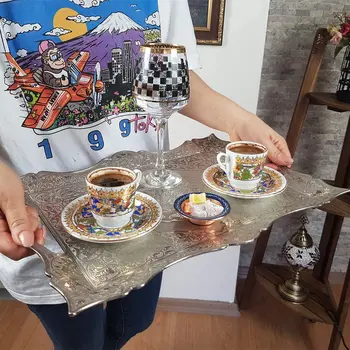 

Asia Silver Vintage Türk Osmanlı Kahvesi Çay Tepsisi - Dış Mekan Şifonyer Espresso için Kulplu Dekoratif Kare