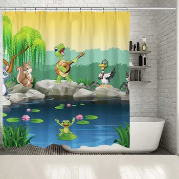 

Shower Curtain Cartoon Happy Animals Singing Around Lake Pond Frogs Turtle Fun Artwork Blue Green