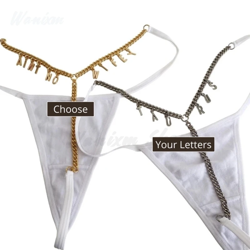 Tanga de cadena de cintura sexy personalizada para mujer, joyería de letras  con nombre personalizado, tanga de cadena plateada, regalo para ella