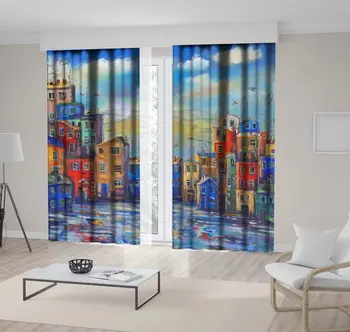

Curtain Town Near Sea Houses Buildings in Clouds Sky Harbor City Oil Painting Printed Blue Orange Red