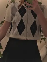 Rapcopter-cárdigans de punto con estampado de Argyle para mujer, suéteres Retro Y2K, suéteres de estilo Preppy, suéteres de manga corta, tops cortos de los mejores atuendos