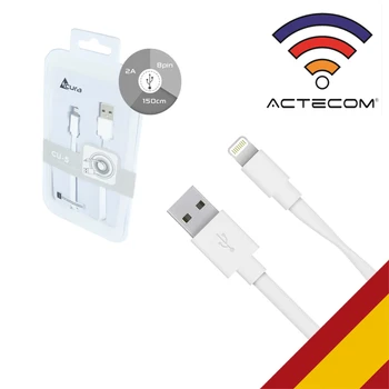 

ACTECOM Cable Compatible 8 Pin Plano Acura 150CM USB Blanco Blister Compatible con iPhone iPad