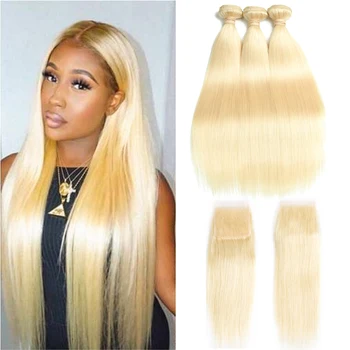 

Beaudiva Human Hair Blonde 613 Bundles With Closure Brazilian Straight Hair Weave Bundles With Closure