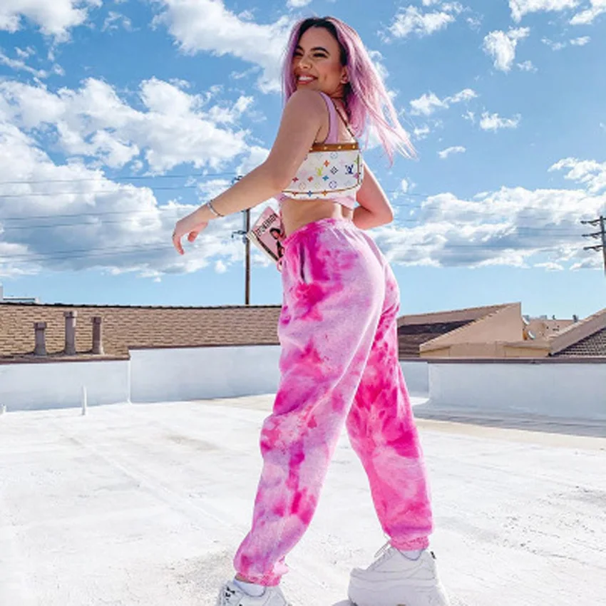 Lusofie Pink Tie Dye Printed Sweatpants Women Casual Loose Long Trousers Elastic High Waist Pants Capris Joggers Streetwear Lusofie Pink Tie Dye Printed Sweatpants Women Casual Loose Long Trousers Elastic High Waist Pants Capris Joggers Streetwear