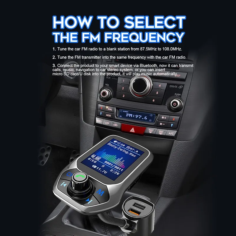 Автомобильный fm-передатчик с большим экраном 1,8 дюйма, Bluetooth, FM модулятор, QC 3,0, автомобильное зарядное устройство, AUX музыкальный плеер с четырьмя режимами воспроизведения