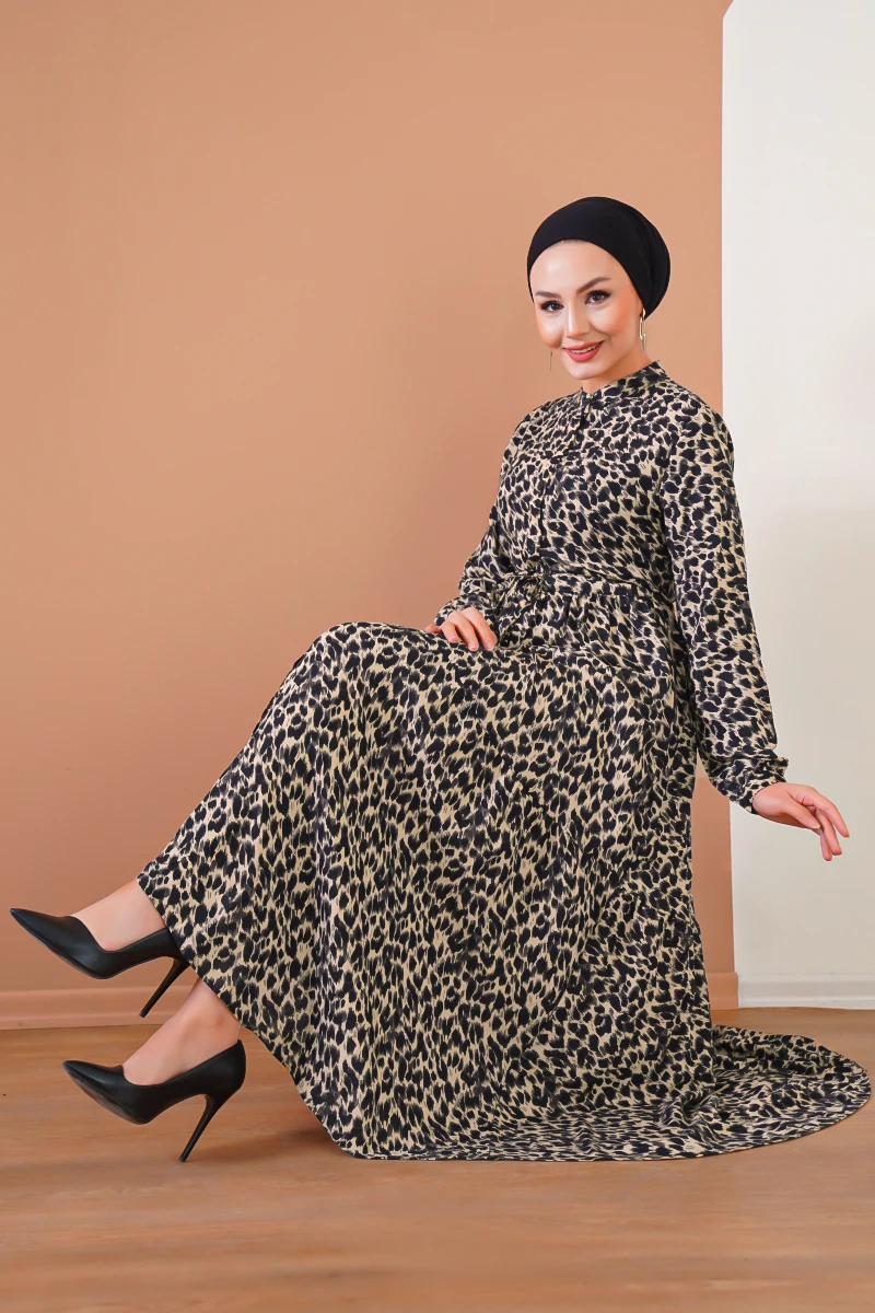 

Crew Neck Buttoned Long Dress 2022 New Season Abaya Women Kaftan 2021 Vintage Leopard Print Party Ramadan Eid Femme Musulmane