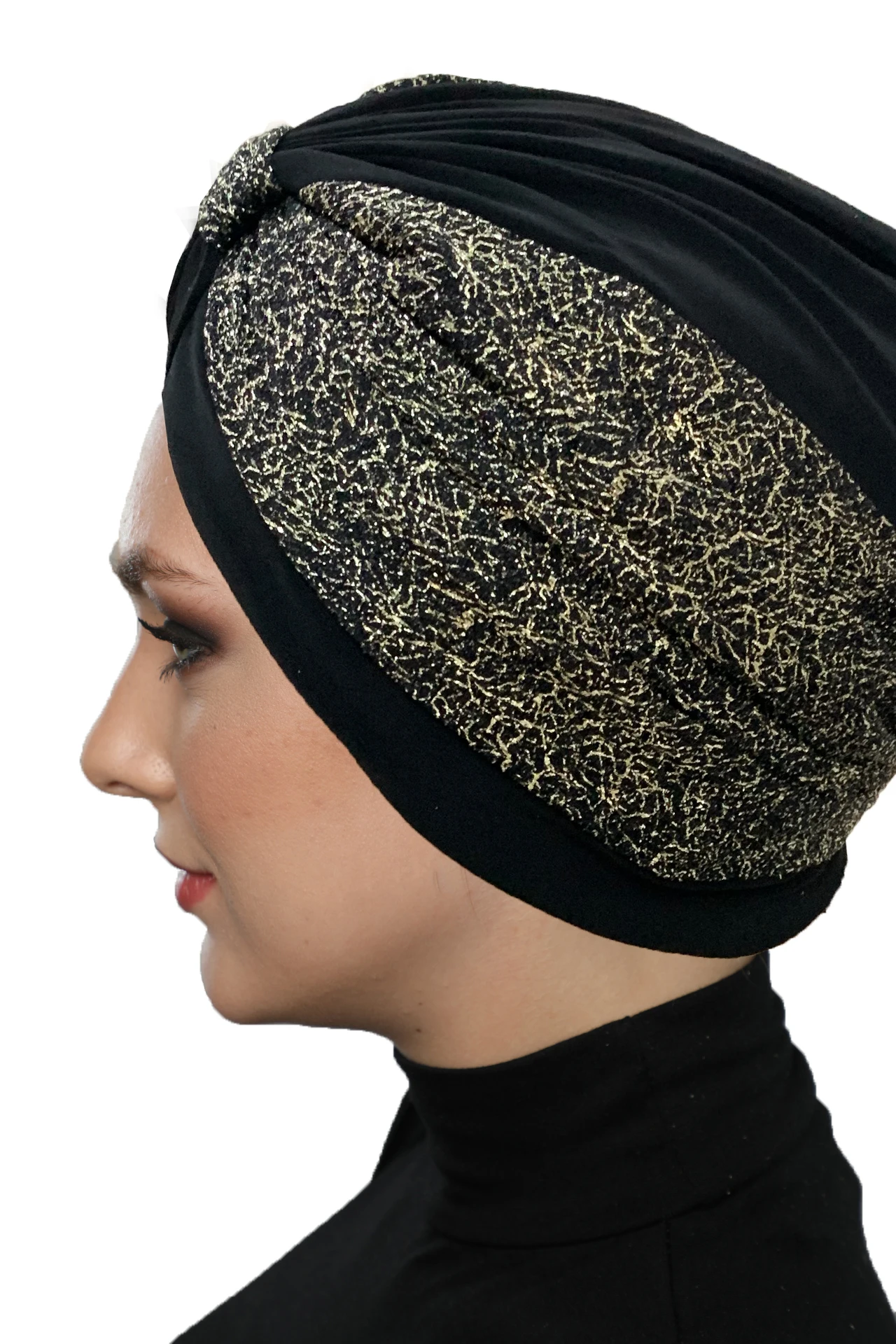 2022 New Fashion Golden Sand Pattern On Black Ready Made Turban Hijab Bonnet Scarf Cancer Cap Special Women Product Beret Muslim Liner Chemo All Season Rib Lame Pearl Bead Custom Design
