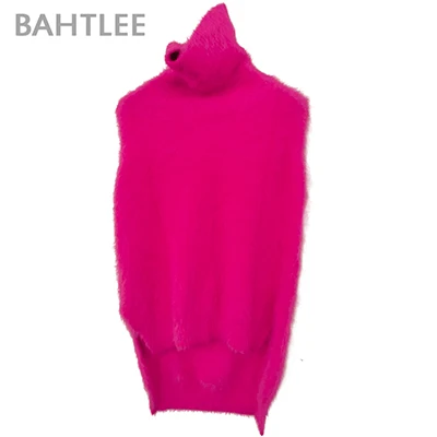 Peach Red BAHTLEE женский Ангорский пуловер без рукавов, свитер, чистый цвет, Осень-зима, шерстяной вязаный джемпер с разрезом, водолазка - Цвет: Peach Red