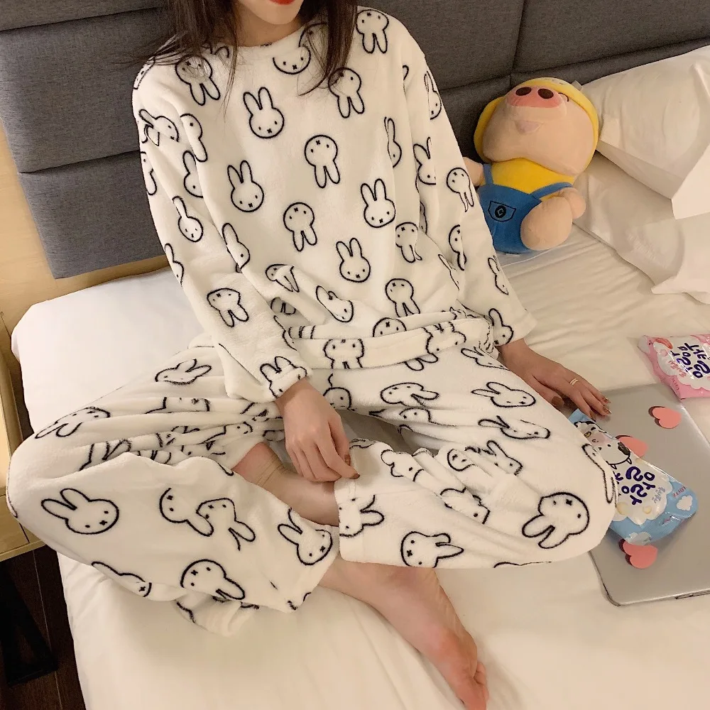 Удобные теплые флисовые свободные штаны+ кофта с длинным рукавом пижама с милым кроликом Пижама домашняя одежда, милая пижама, рождественская пижама, тёплая пижама, женская пижама с принтом