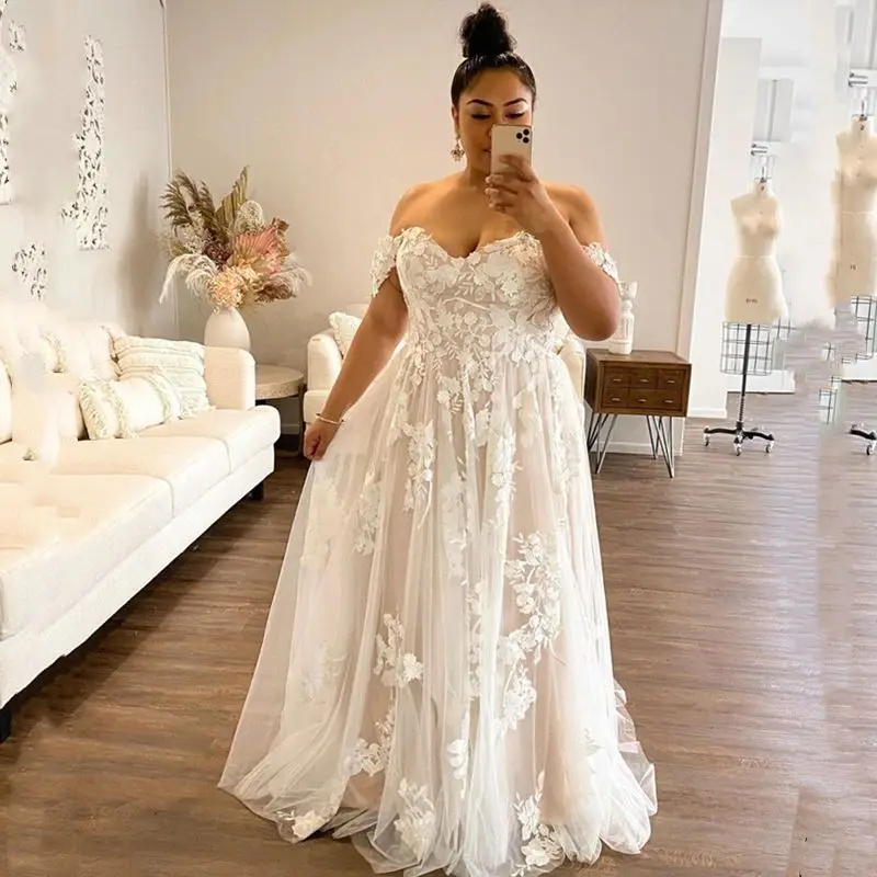 Plus Size Wedding Dress 2022 Sweetheart Off The Shoulder Appliques Soft Tulle Bridal Gowns Sexy Open Back A-Line Robe De Mariée vintage wedding dresses